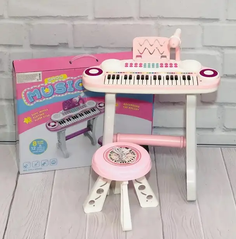 Детский игровой синтезатор-пианино, на ножках, со стульчикоми, микрофоном, 860F, розовое