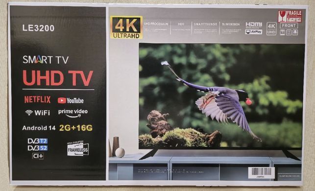Телевізор безрамковий SmartTV UHD TV +Т2 32", LE3200