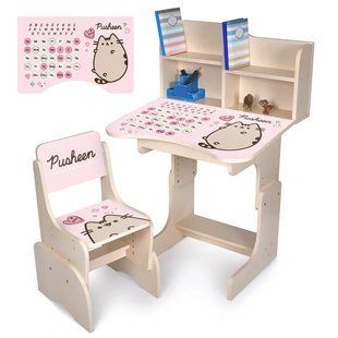 Детская регулируемая парта со стульчиком N 2071-17-2A "Pusheen" украинский и англ алфавит,венге светлый