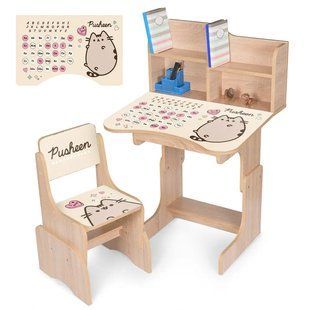 Детская регулируемая парта со стульчиком N 2071-17-3B "Pusheen" украинский и англ алфавит, дуб сонома