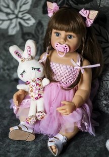 Кукла виниловая с каштановыми волосами и зайчиком, 55см, ручная работа, Reborn Baby Doll 71