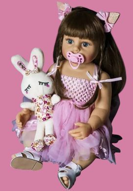 Лялька вінілова з каштановим волоссям та зайчиком, 55см, ручна робота, Reborn Baby Doll 71