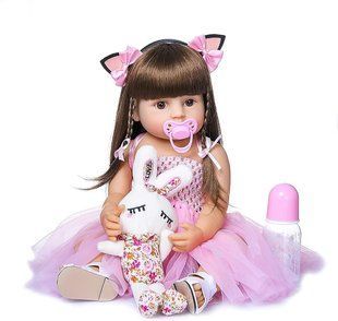 Кукла виниловая с каштановыми волосами и зайчиком, 55см, ручная работа, Reborn Baby Doll 71