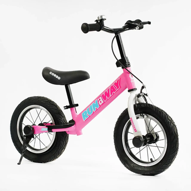 Велобег беговел детский "CORSO RUN-A-WAY", ручной тормоз, надувные колёса 12 дюй, розовый, девочки, CV-04561