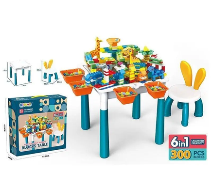 Игровой стол с конструктором Дино парк 6в1 (300 деталей, фигурки, лабиринт, стульчик) YR 6037