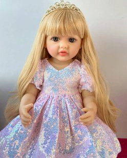 Кукла виниловая 55см, ручная работа, блондинка в нарядном белом платье и короне, Reborn Baby Doll 75
