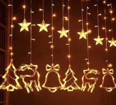 Світлодіодна новорічна гірлянда штора Колокольчики, ялинки, олені, 138 LED, теплий жовтий, 2.5 м*1 м, 920580