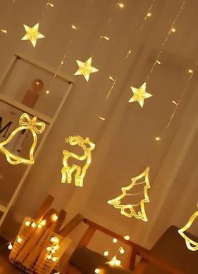 Світлодіодна новорічна гірлянда штора Колокольчики, ялинки, олені, 138 LED, теплий жовтий, 2.5 м*1 м, 920580