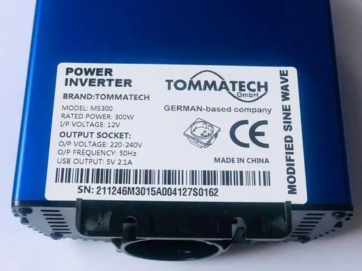 Перетворювач напруги, інвертор 12V-220V-300W TommaTech MS-300W 12B, Пікове навантаження 600Вт