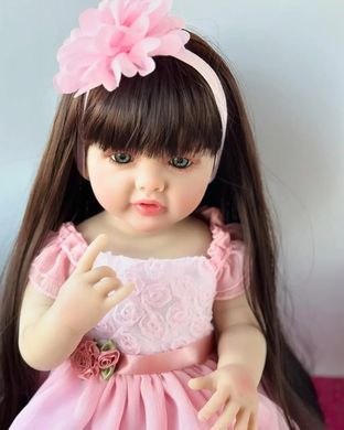 Кукла виниловая 55см, ручная работа, брюнетка в розовом нарядном платье, Reborn Baby Doll 82