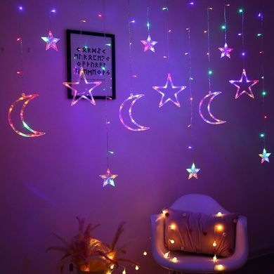 Светодиодная новогодняя гирлянда штора Месяц и звезды, 130 LED, цветная, 2.5 м*1 м, 920581