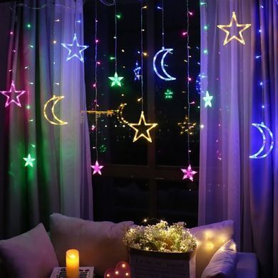 Светодиодная новогодняя гирлянда штора Месяц и звезды, 130 LED, цветная, 2.5 м*1 м, 920581