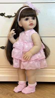 Лялька вінілова 55см, ручна робота, з темним волоссям в рожевому одязі, Reborn Baby Doll 50