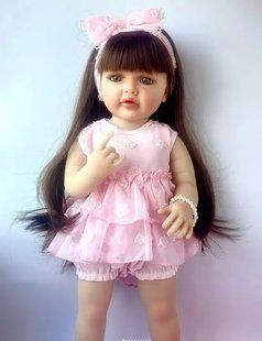 Кукла виниловая 55см, ручная работа, с темными волосами в розовой одежде, Reborn Baby Doll 50