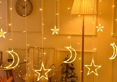Светодиодная новогодняя гирлянда штора Месяц и звезды, 130 LED, теплый желтый, 2.5 м*1 м, 920582