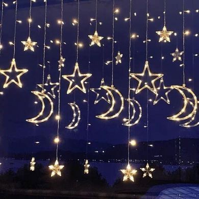 Світлодіодна новорічна гірлянда штора місяць і зірки, 130 LED, теплий жовтий, 2.5 м*1 м, 920582