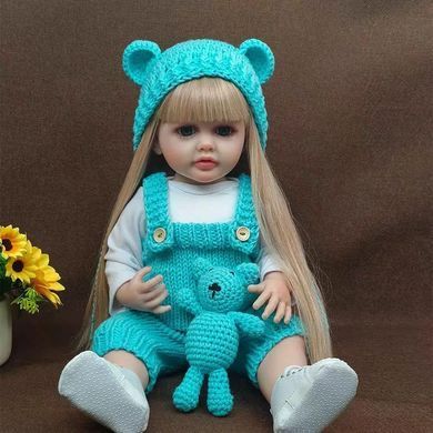 Кукла виниловая 55см, ручная работа, изысканная кукла для девочки в бирюзовом с мишкой, Reborn Baby Doll 108