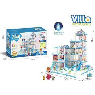 Кукольный домик "Вилла", 5 этажей, фигурки, аксессуары, 380 деталей, свет, голубой, 556-77A