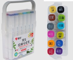 Набор двухсторонних скетч маркеров на спиртовой основе "Aihao" AH-PM508-12, 12 штук в пластиковом пенале