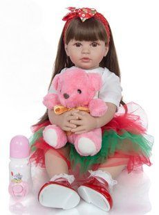 Кукла виниловая 55см, ручная работа, с тёмными волосами и розовым мишкой, Reborn Baby Doll 53