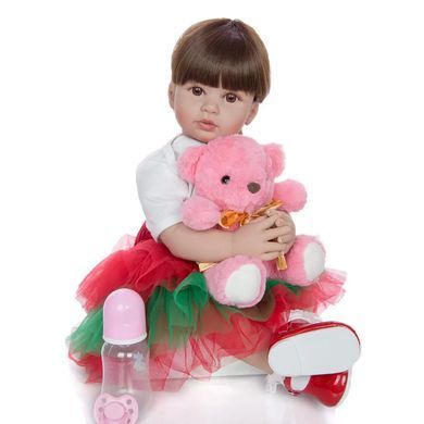 Кукла виниловая 55см, ручная работа, с тёмными волосами и розовым мишкой, Reborn Baby Doll 53