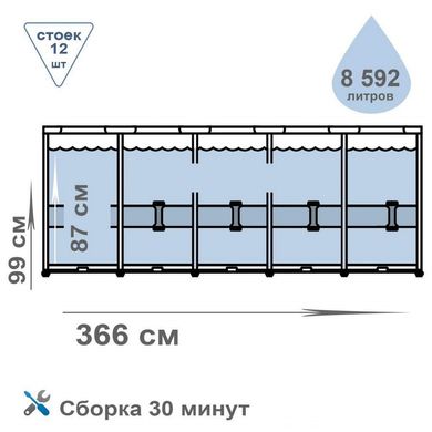 Каркасный бассейн Prism Frame Intex, картриджный насос 2006 л/ч, лестница, 26716, 366*99 см